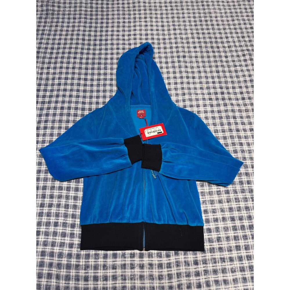 Miss Sixty Blue Velour Zip Up Hoodie Black Ribbed Trim Y2K NWT Size S